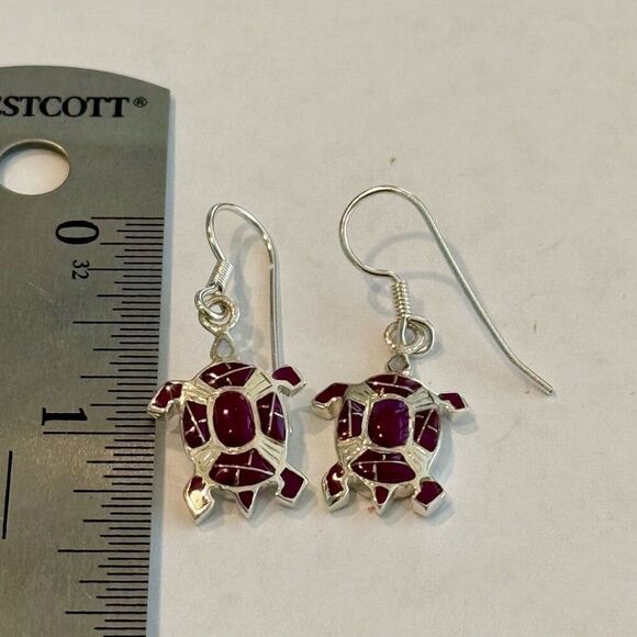 Navajo Made Mojave Purple Turquoise & Opal Turtle Sterling Silver Earrings New - Picture 5 of 5